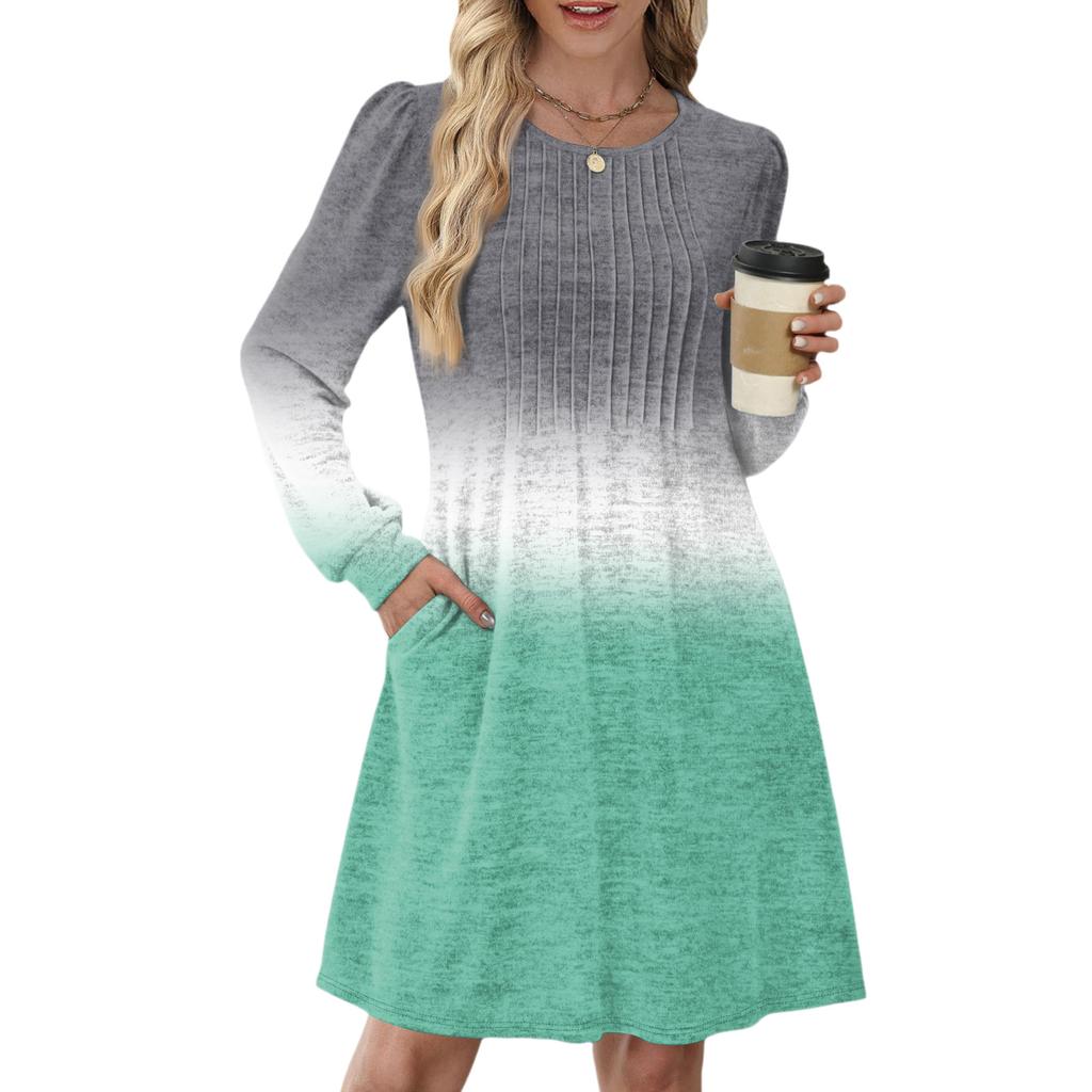 Женское повседневное платье с длинным рукавом, плиссировкой, круглым вырезом, градиентным принтом и карманами