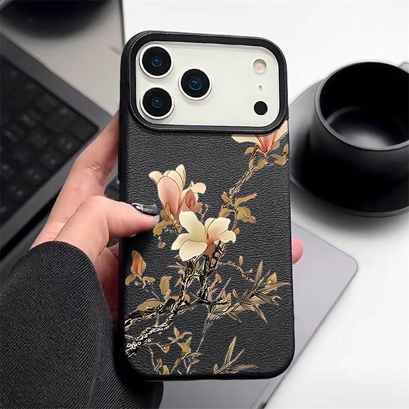 Чехол для телефона из ТПУ с текстурой кожи для iPhone 17 17e 16e 16 15 Pro Max 14 13 Pro Max 11, цветок магнолии, мягкая силиконовая задняя крышка