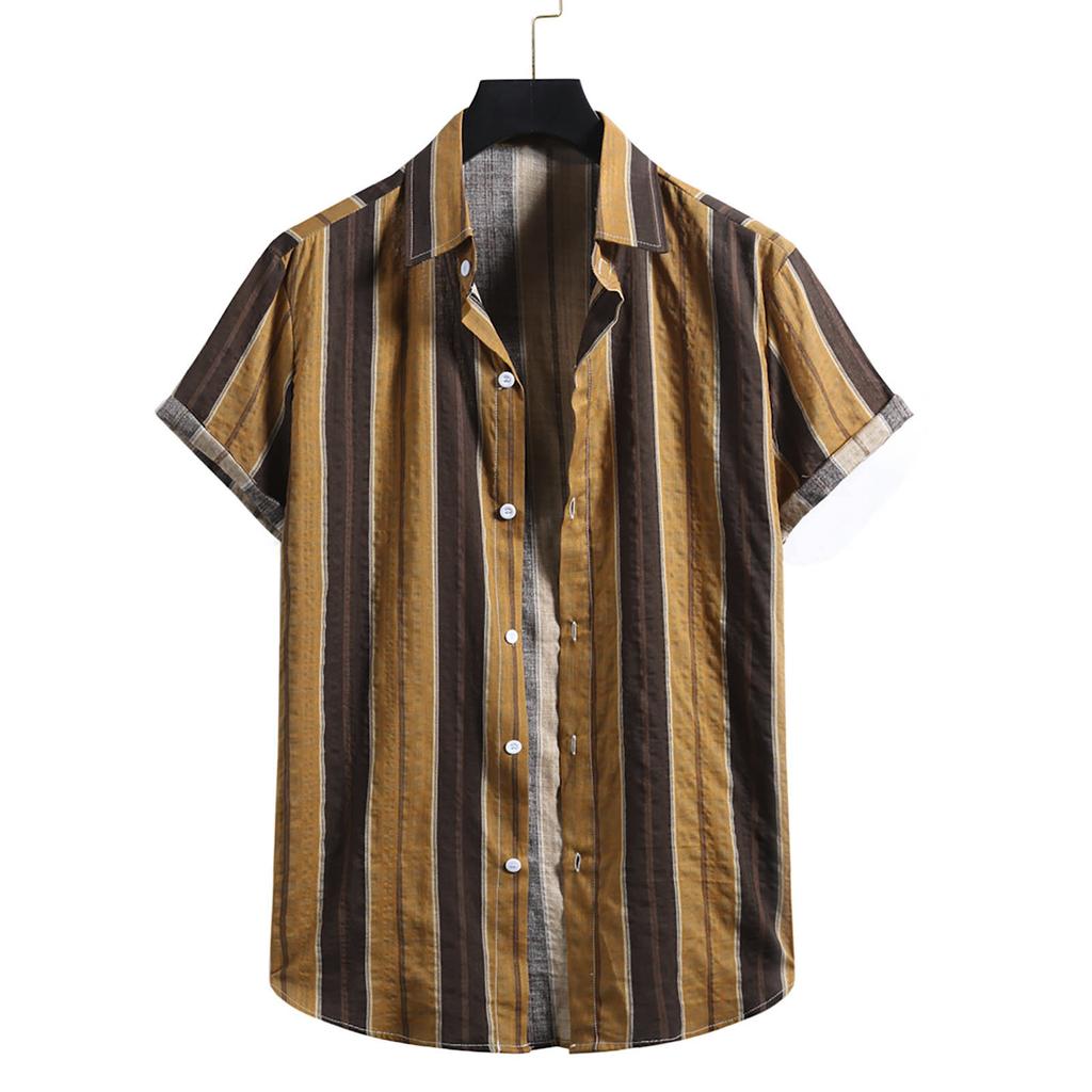 Men's Fashion Cotton Linen Stripe Print Short Sleeve Button Shirt Blouse Top