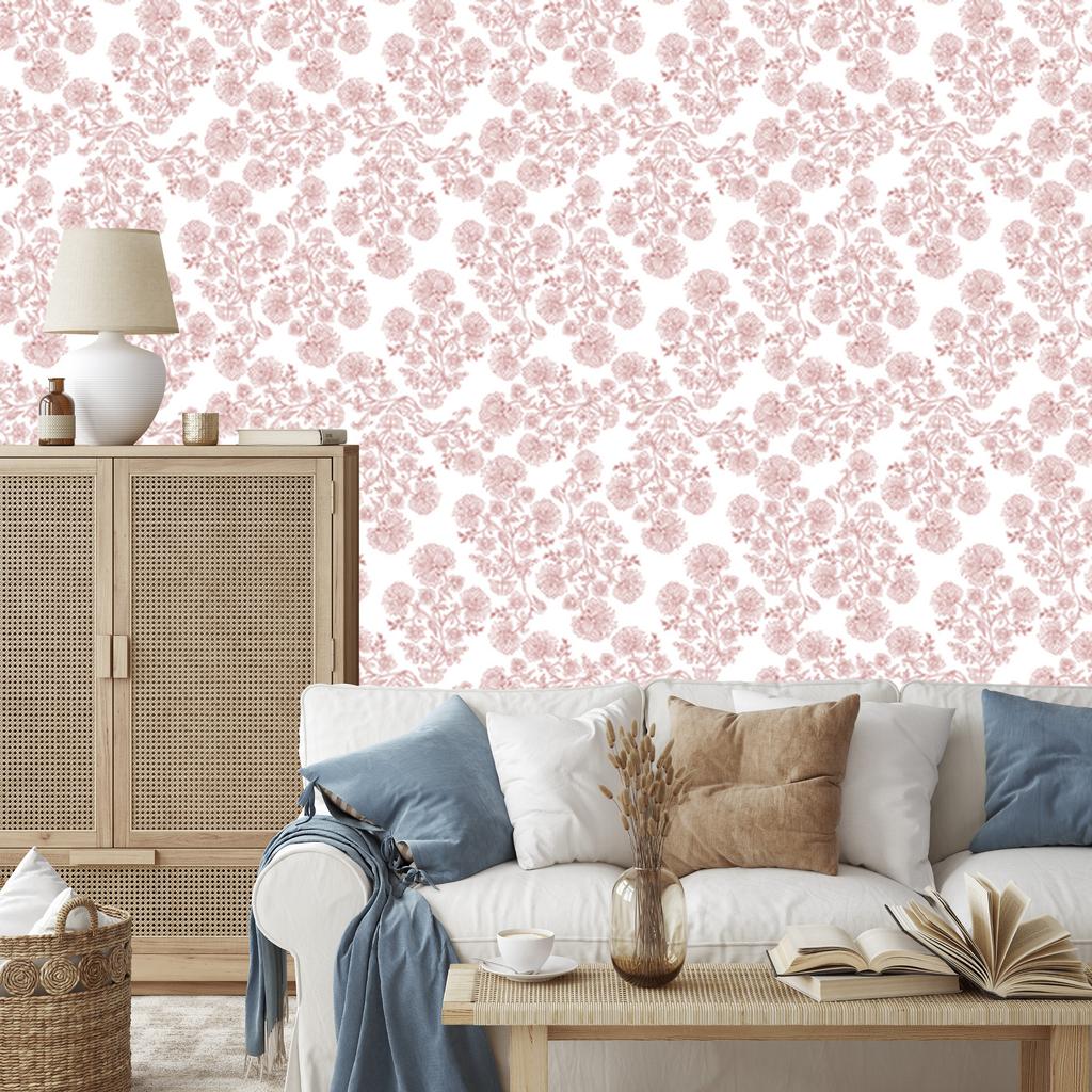 Wallpaper Flowers White and Coral, Small Detail for Living Room and Bedroom 50x1000