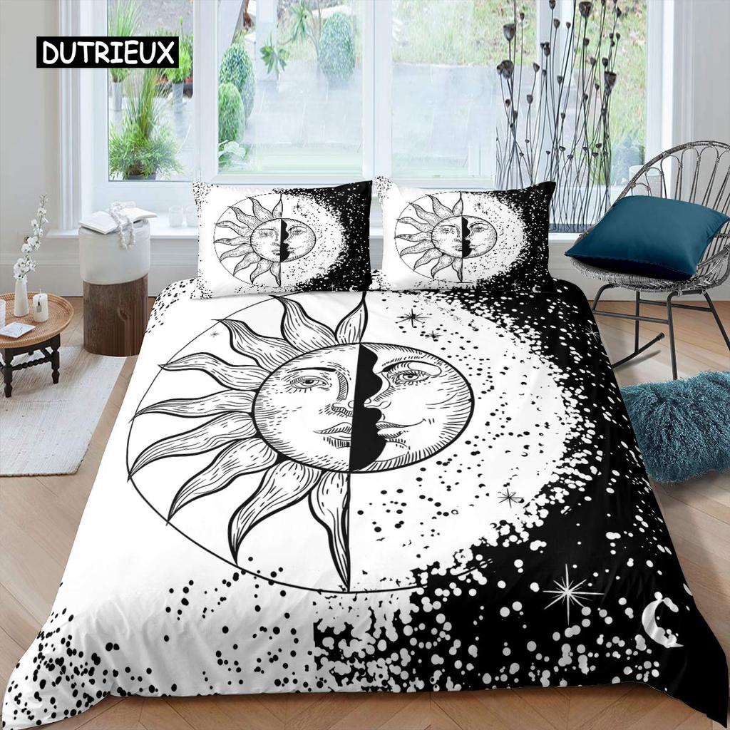 Комплект пододеяльника Sun Moon Queen Микрофибра Богемный Черно-белый принт Инь Ян Пододеяльник Галактика Звезда Полуторный Комплект постельного белья