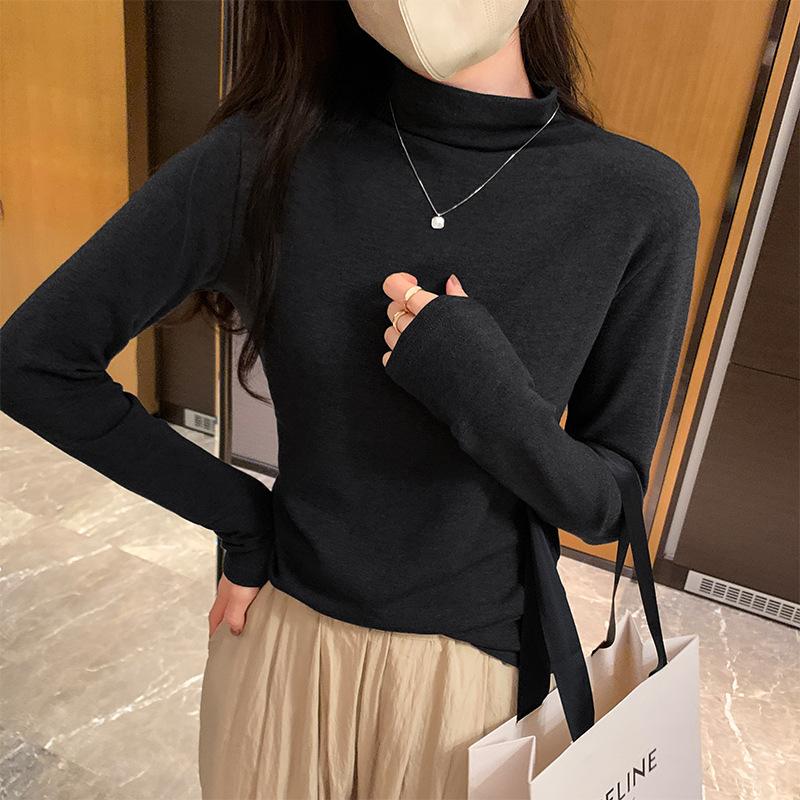 Однотонная рубашка с воротником-полуворотом для женщин на осень и зиму, новая облегающая футболка с короткими внутренними длинными рукавами, универсальный топ