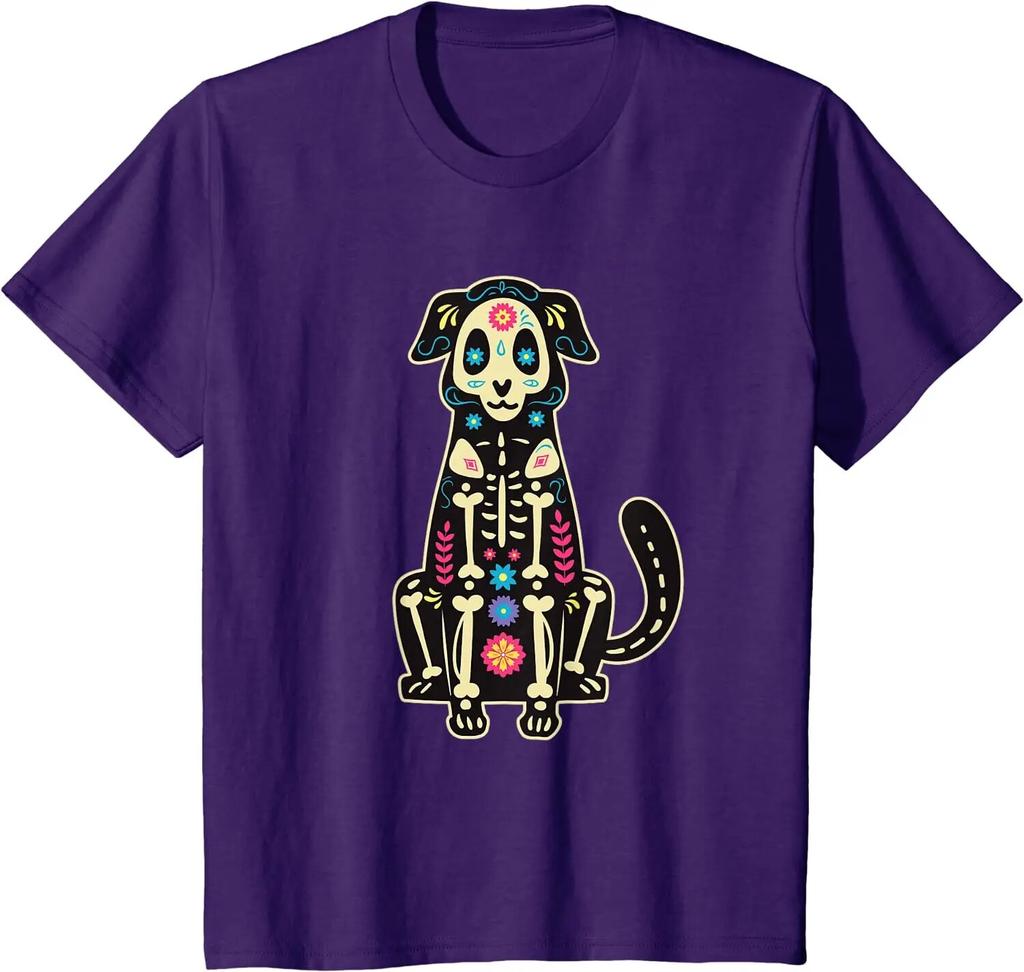 Dog Sugar Skull Dia De Los Muertos Perro Day of The Dead T-Shirt Casual Four Seasons Daily Graphic T Shirts Unisex Clothing