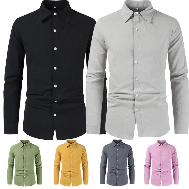 Мужская хлопково-льняная классическая рубашка с длинным рукавом, повседневные однотонные мешковатые топы на пуговицах