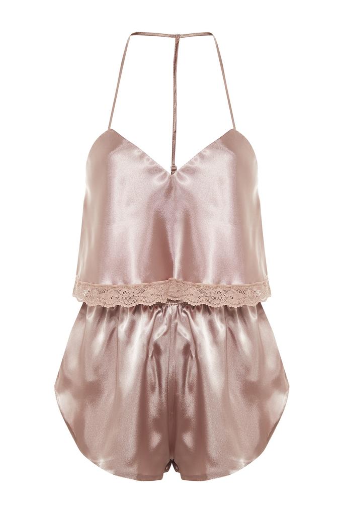 Women's Fashion New Pajama Set Black Lace Detailed Rope Strap Crop Satin Woven Pajama Set