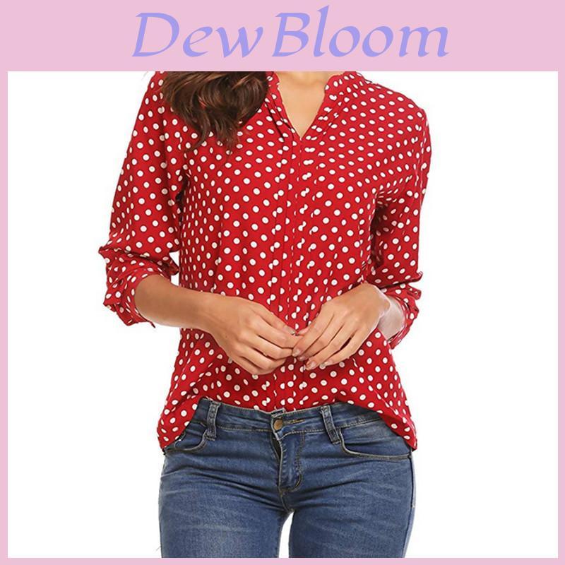 Womens Long Sleeve Dot Print Cotton Linen Shirt With U Neck For Casual Office Wear