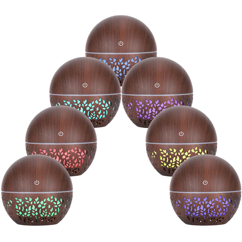 130ml Humidifier Aroma Air Diffuser Hollow Out USB 7 Color Light Low Noise Humidifier (Dark Wooden Grain)