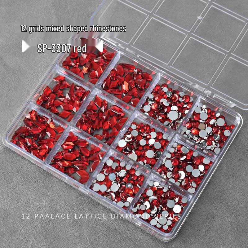 Nail Art Irregular Resin & Colored Rhinestones Set - Flatback, 12 Grids of Mixed Clear Diamonds