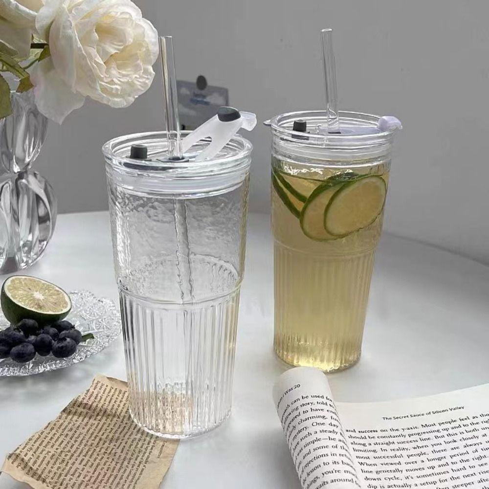 600ml Drinkware Stripe Glass Cup With Lid and Straw Water Cup Fashion Straw Cup for Juice Milk Tea