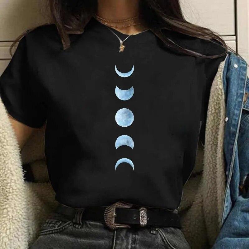 Casual Women's Round Neck T-shirt Lunar Eclipse Printed Women's T-shirt New Eclipse of the Moon Moon Style Women's White T-shirt