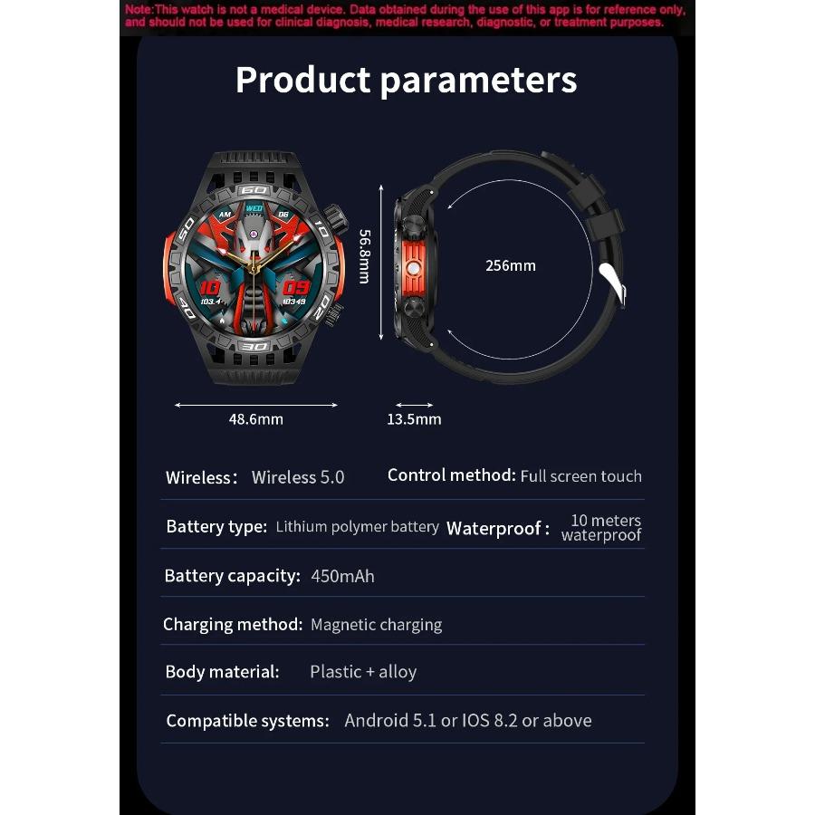 Умные часы HT22 IP68 Водонепроницаемые мужские оригинальные часы с Bluetooth-звонком, монитором здоровья, светодиодным фонариком и 100+ спортивными режимами