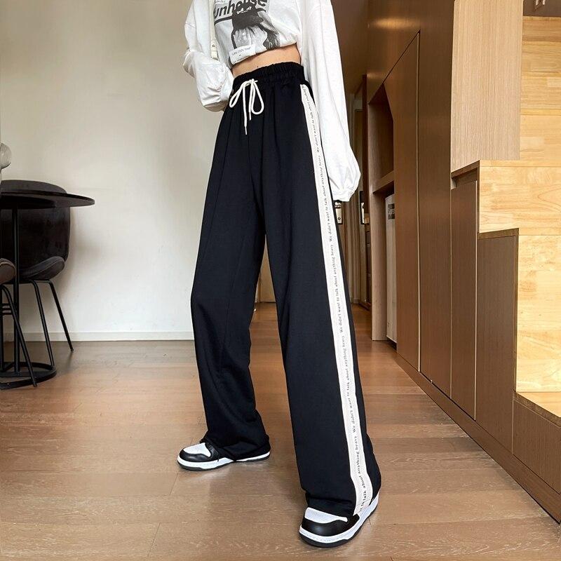 Женские свободные широкие брюки с высокой талией, весенне-осенние свободные спортивные штаны в полоску по бокам, новые женские длинные брюки больших размеров 4XL