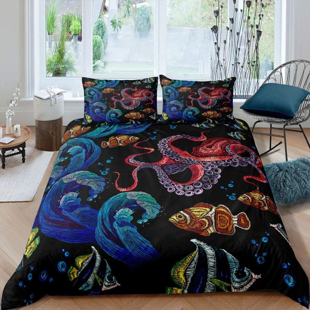 Colorful Undersea World Bedding Set with Pillowcase 3pcs Soft Comfortable Duvet Cover Set King Queen Twin Single Size Kid Adult