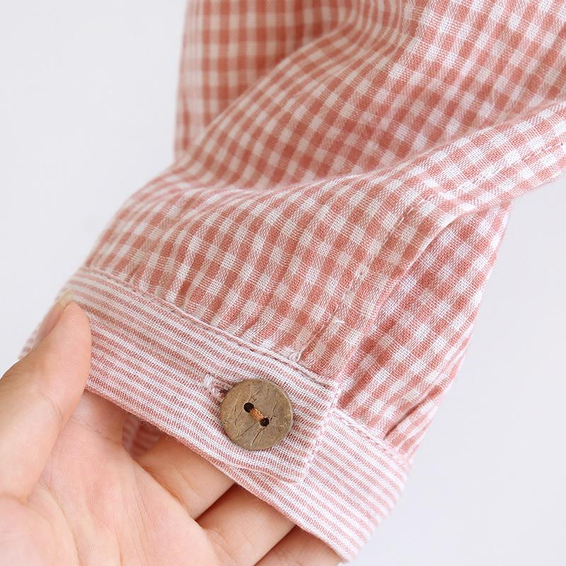 Spring and Autumn New Women's Long Skirt 100%cotton Gauze Plaid Nightdress Long-sleeved Home Skirt Simple V-neck Skirt Nightgown