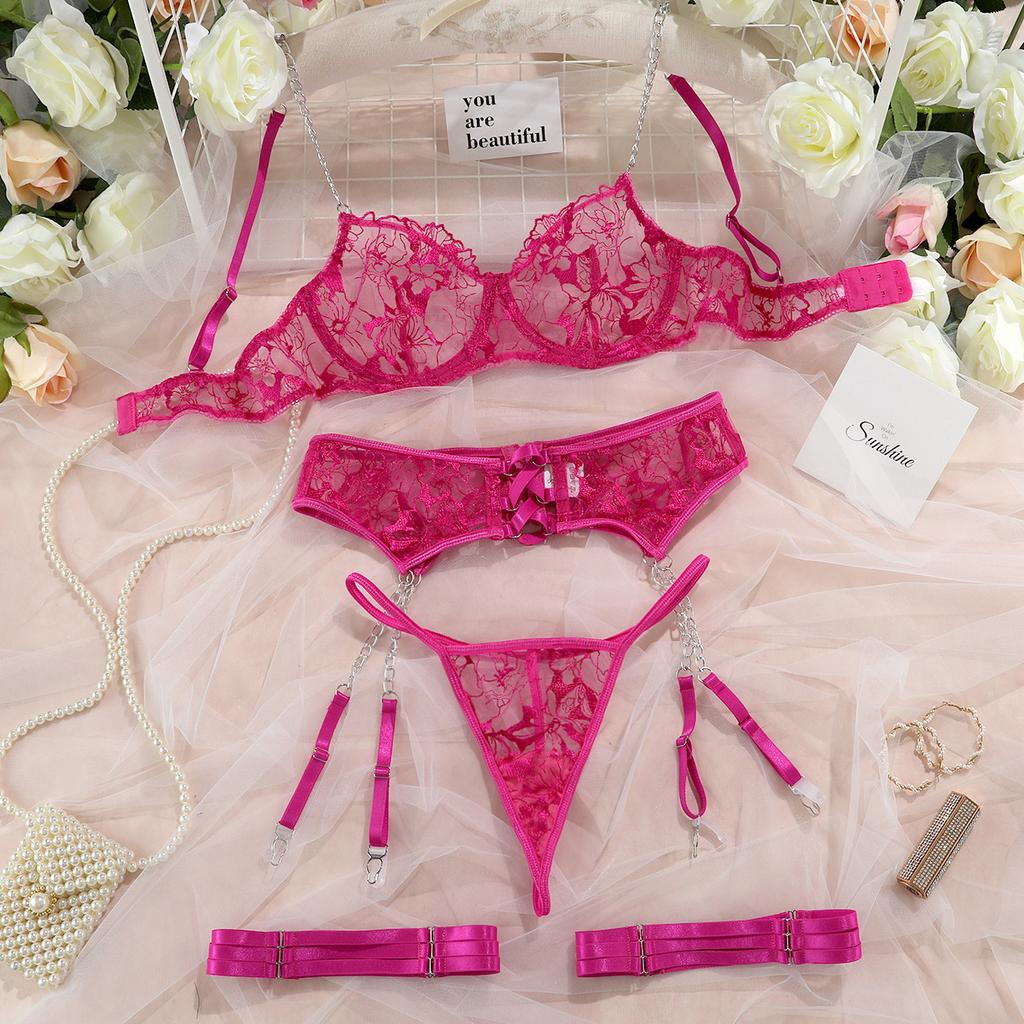 Women’s Sexy Sheer Mesh Embroidered Lingerie Set, Push-Up Bra with Thong, Chain Garter Belt, 4-Piece Erotic Intimate Wear