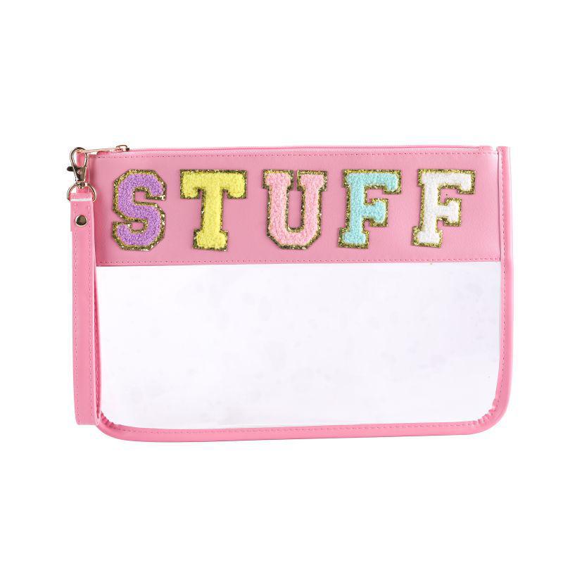 Waterproof PVC Makeup Bag with Embroidered Letter Patch - Large Capacity, Multi-functional for Toiletries & Coin Storage