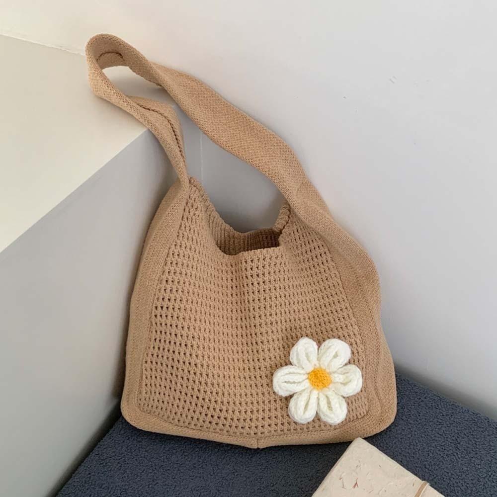 with Crochet Flower Crochet Shoulder Bag Breathable Seaside Vacation Handbag School