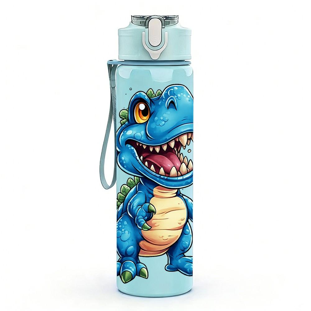 1PC Blue T Rex Dinosaur Kids Cartoon Print 750ml Color Plastic Sports Water Bottle Leakproof Flip Straw Lid Suitable for Sports Office Home Use