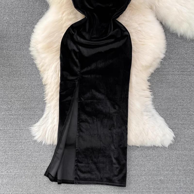 Женское платье-халтер New Senior Sense of Waist Slimming, версия средней длины из бархатных платьев с разрезом на бедрах