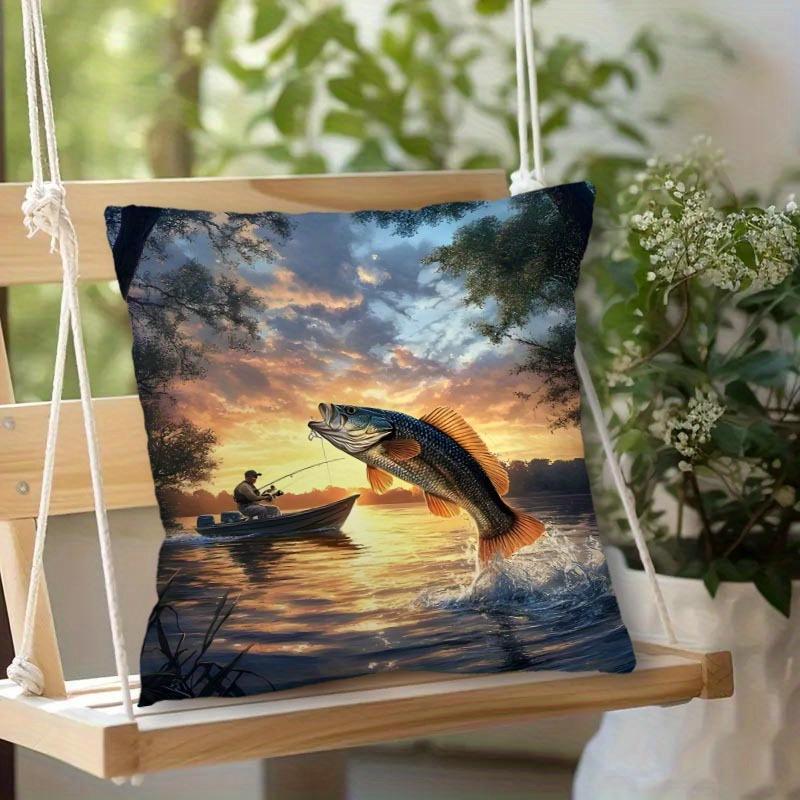 Sunset Bass Fishing Print Throw Pillow Cover Realistic Lake Fishing Scene Cushion Case For Outdoor Angler Cabin Home Decor Couch