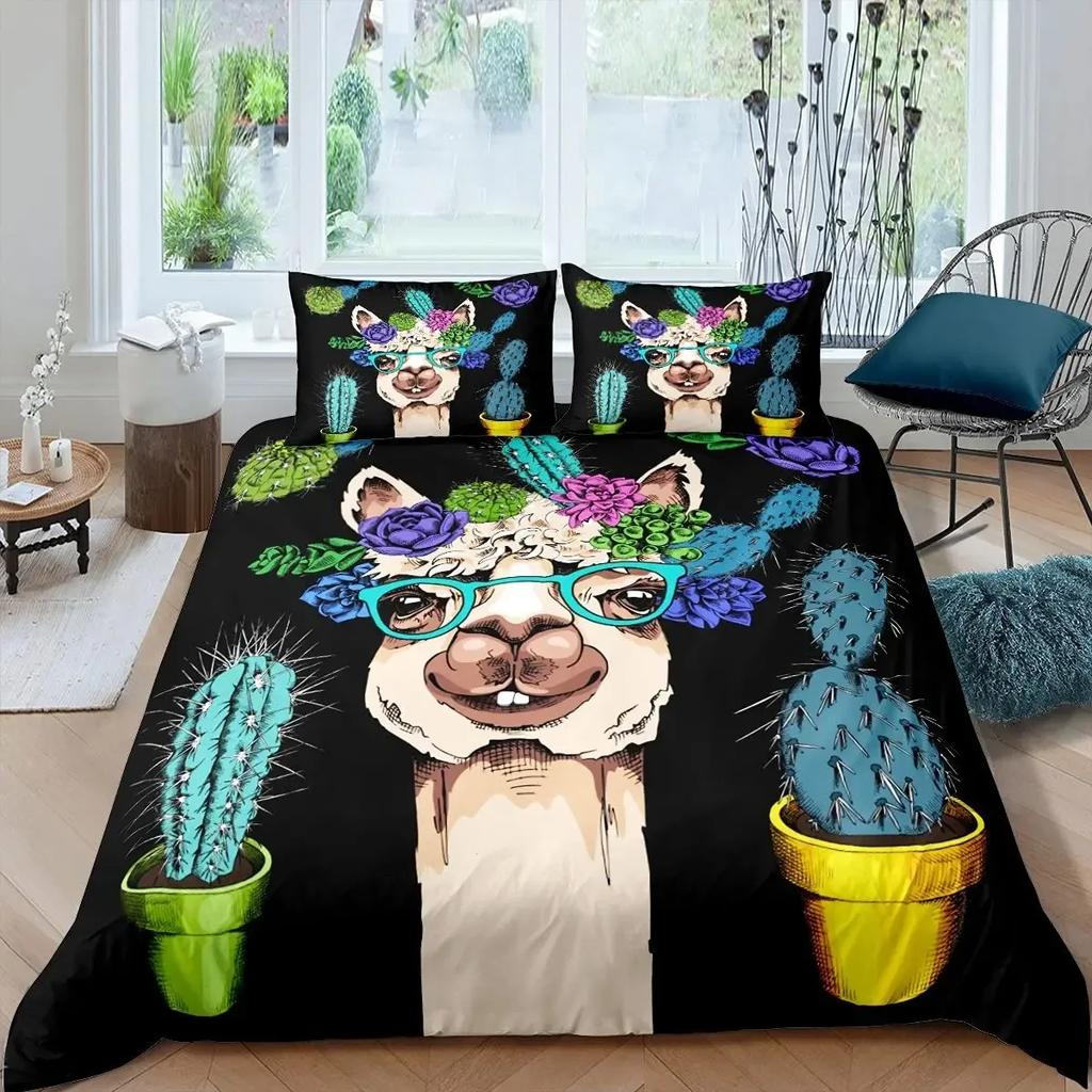 Cute Cartoon Alpaca Llama Cactus Print Duvet Cover Set Full Size, Alpaca Bedding Set Botanical Animal Comforter Cover,Multicolor