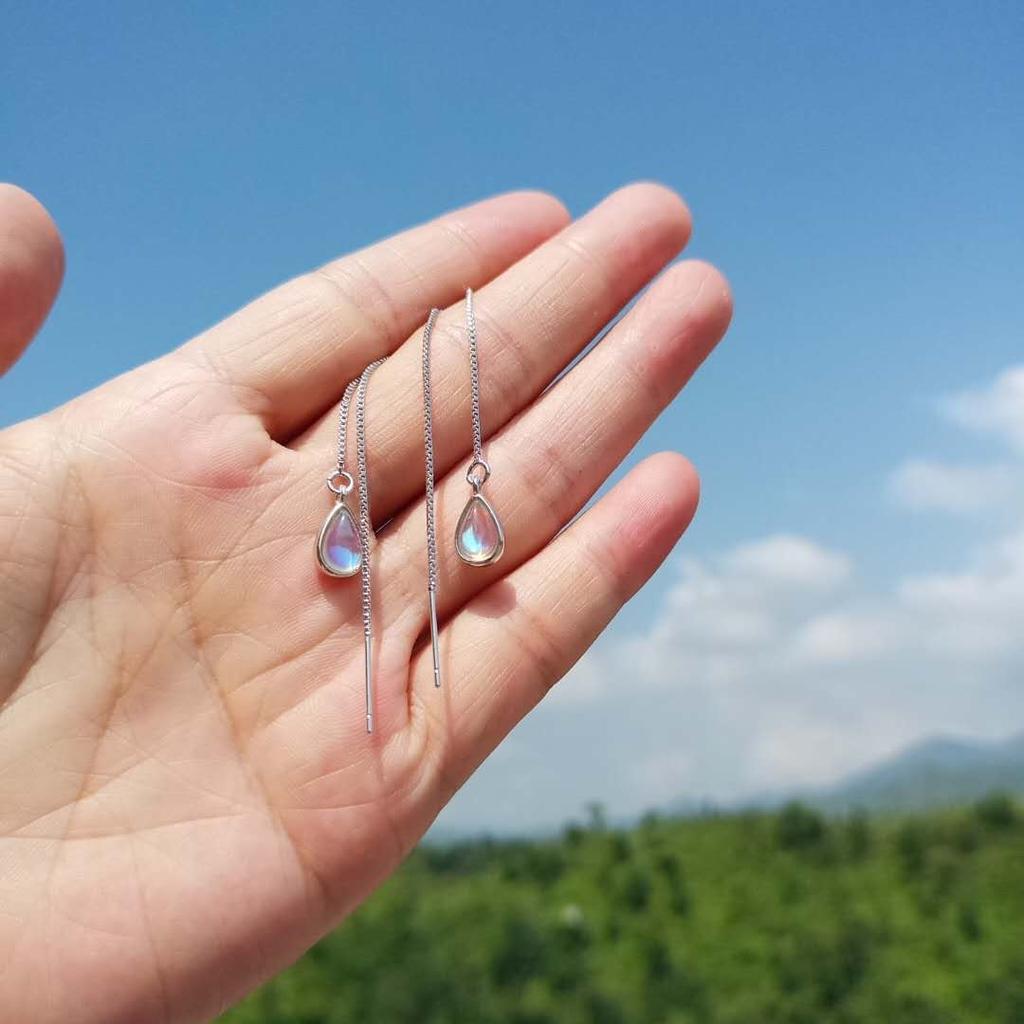 Стерлингового серебра 925 пробы, модные вечерние украшения, лунный камень, длинные серьги с кисточками для женщин, цепочка для ушей, S-E654