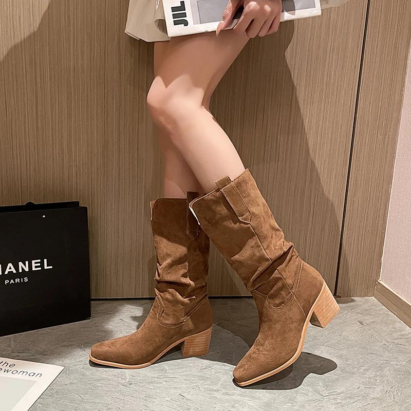New Women's Retro Long Boots for Spring Fashion, Suede Midsole Stacking Boots, Thick Heel Square Toe Oversized Denim Boots