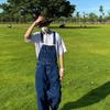 Unisex American Retro Denim Overalls - Ami Khaki Straight-Leg Jumpsuit for Couples