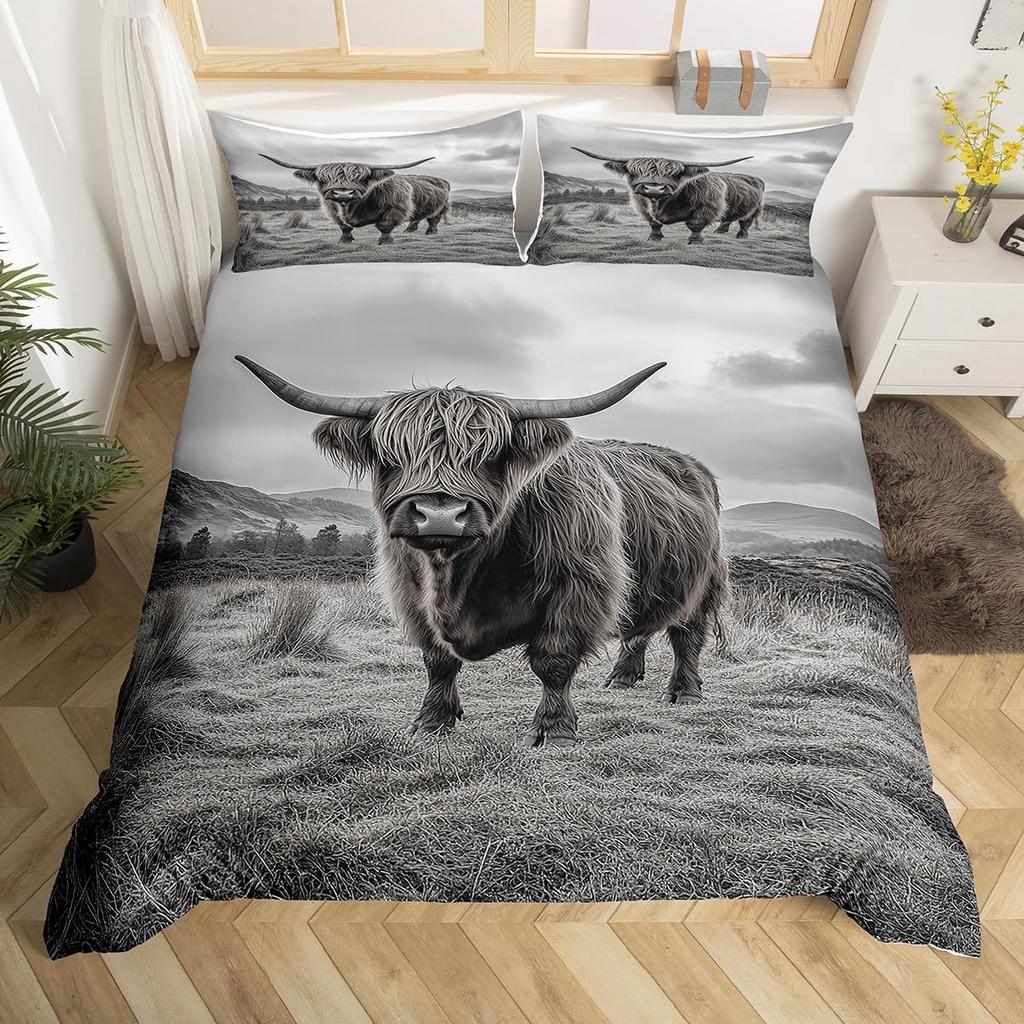 Kids Highland Cattle Flower Duvet Cover Set Farm Animal Bull Cow Comforter Cover Microfiber Western Cowboy Twin King Bedding Set
