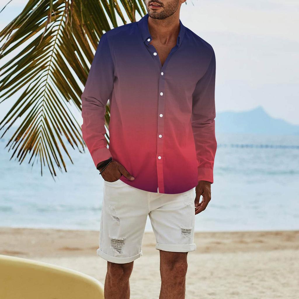 Мужская модная повседневная футболка с длинным рукавом и принтом на пуговицах, рубашка обычного кроя