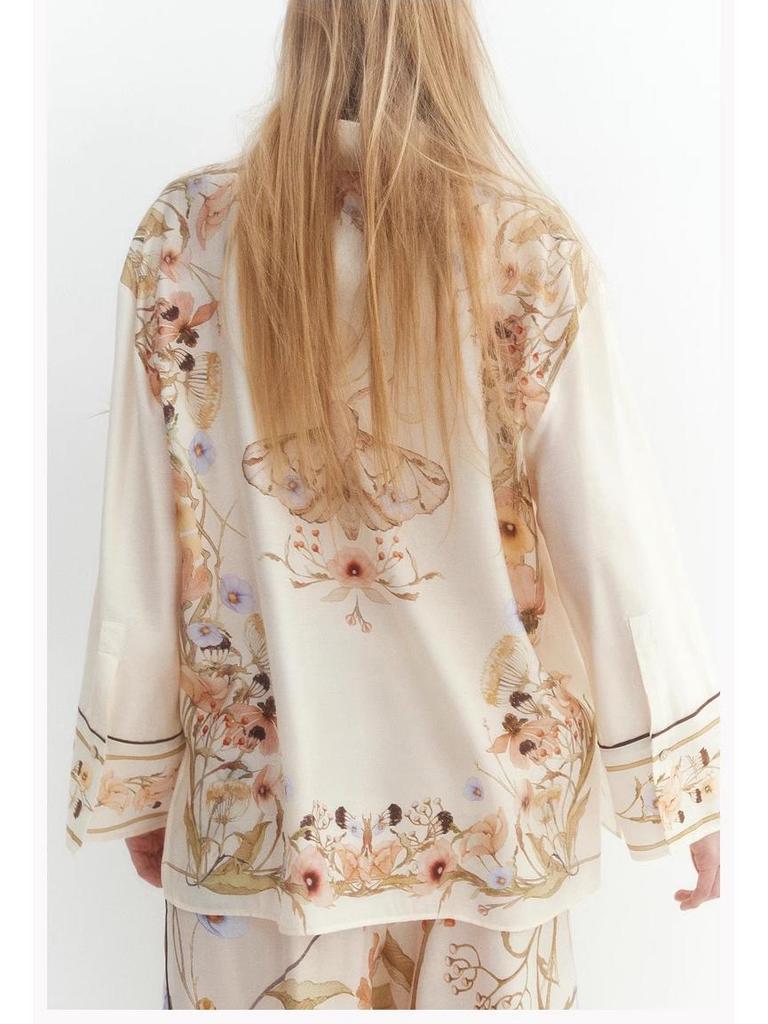 Женский европейско-американский комплект с цветочным принтом из рубашки с длинным рукавом и брюк, 2025