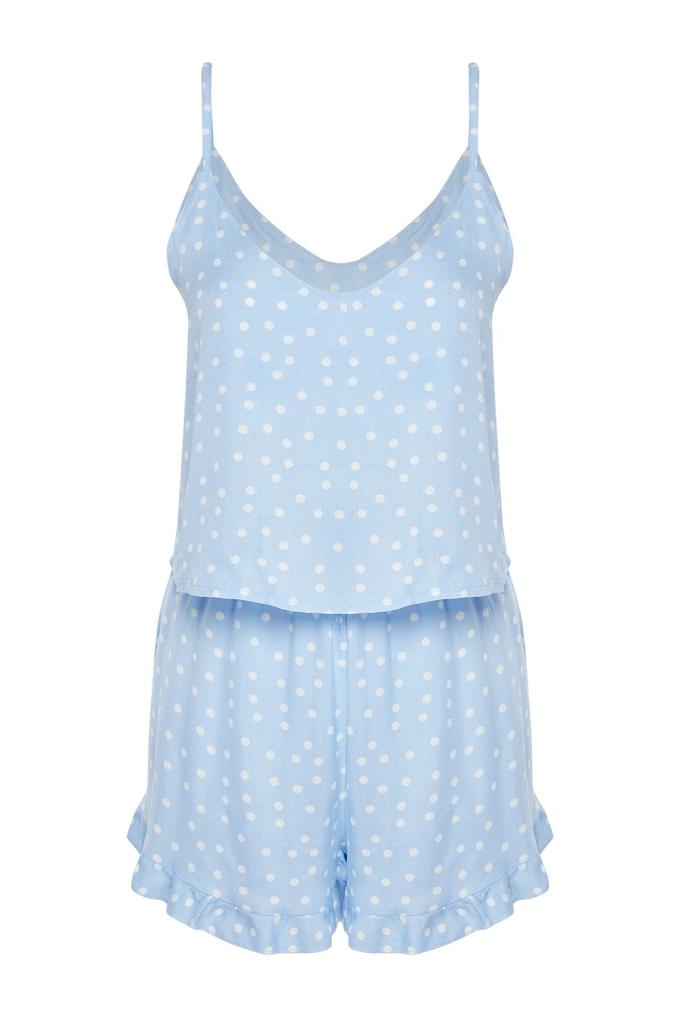 Women's Fashion Light Blue Polka Dot Ruffle Detailed Viscose Woven Pajama Set with Rope Strap