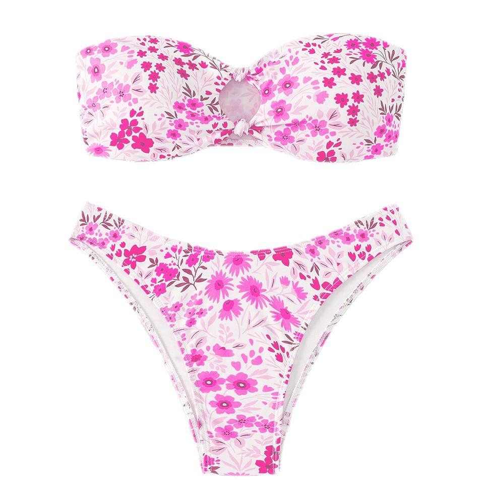 1011 new swimsuit female sexy split floral bikini bikini tube top hollow swimsuit female