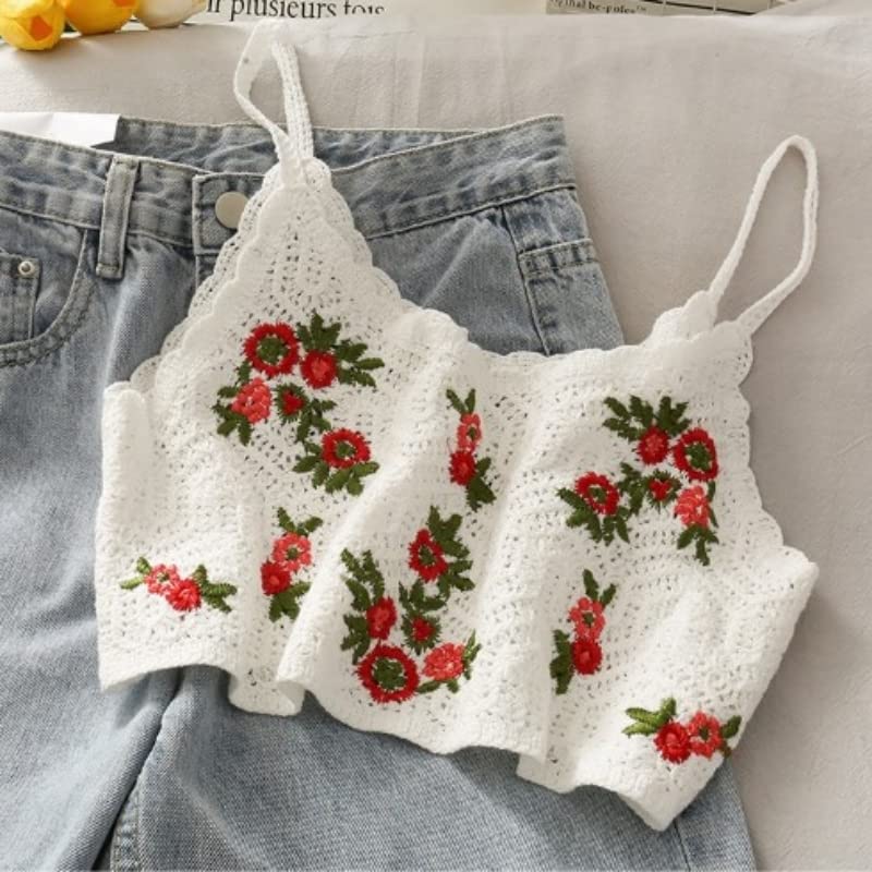 Belle Cie Crochet Cami with Embroidered Layered Girly Feminine Bustier Motifs, (ST/No.27666) (F(Free Size), A)