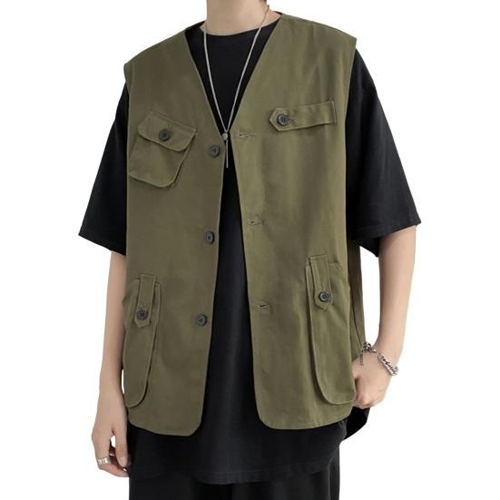 Мужской повседневный жилет без воротника, без рукавов, на пуговицах, жилет, однотонное пальто с несколькими карманами, тонкий стильный уличный жилет-карго