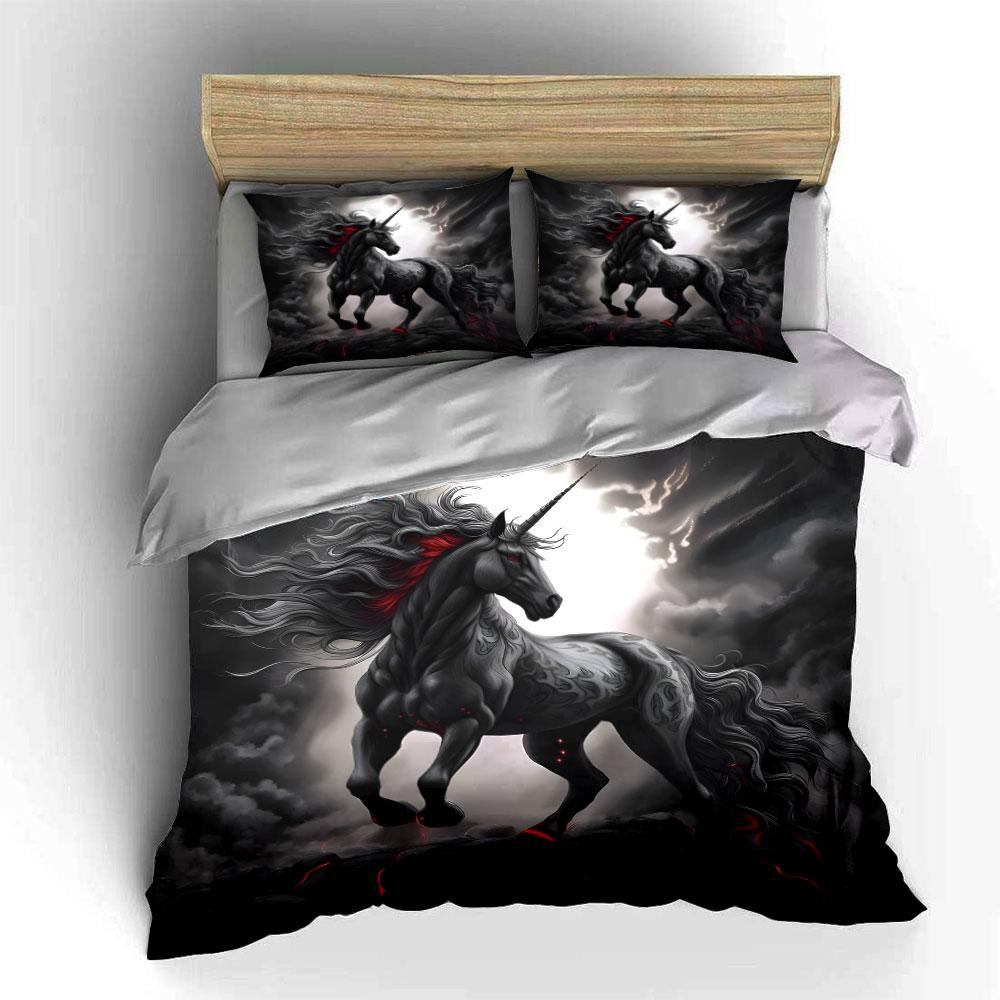 Dark Mythical Unicorn Design Bedding Duvet Cover Set (1*Duvet Cover 2*Pillowcases, without duvet insert)