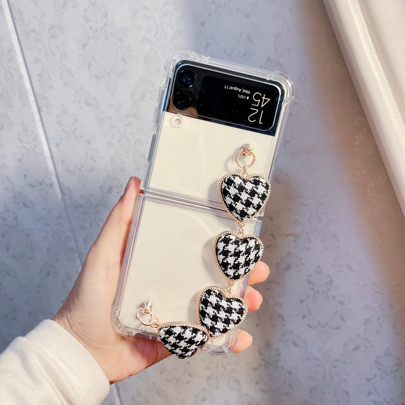 Симпатичный кожаный браслет-цепочка с бусинами, медведем и цветком, чехол для телефона для Samsung Galaxy Z Flip 4 Z Flip 3, прозрачный противоударный Z-откидной чехол Para
