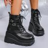 Fashion Gothic Punk Platform Boots for Women Fashion Double Buckle Wedge High Heel Ankle Boots Woman Thick Bottom Black Combat Booties