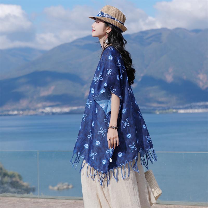 Four Season Imitation Tie Dye Printed Ethnic Style Scarf, Women'S Retro Famous Ethnic Style Blue And White Porcelain Sunscreen Cloak, Large Shawl