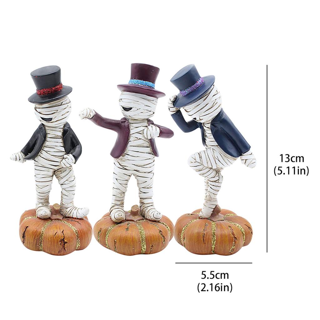 3pcs Mummy Dancing On The Pumpkin Halloween Resin Decorations Mummy Statues Party Holiday Decorations Figurines Gift