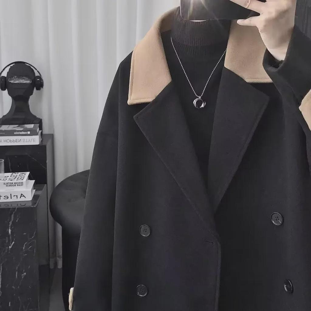 Мужское стильное британское шерстяное пальто - зимняя толстая ветровка средней длины