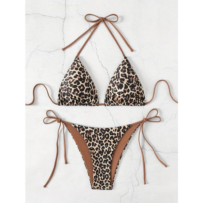 Cross-Border Leopard Print Wireless Swimsuit, Sexy Tie Side Bikini for Women KTY