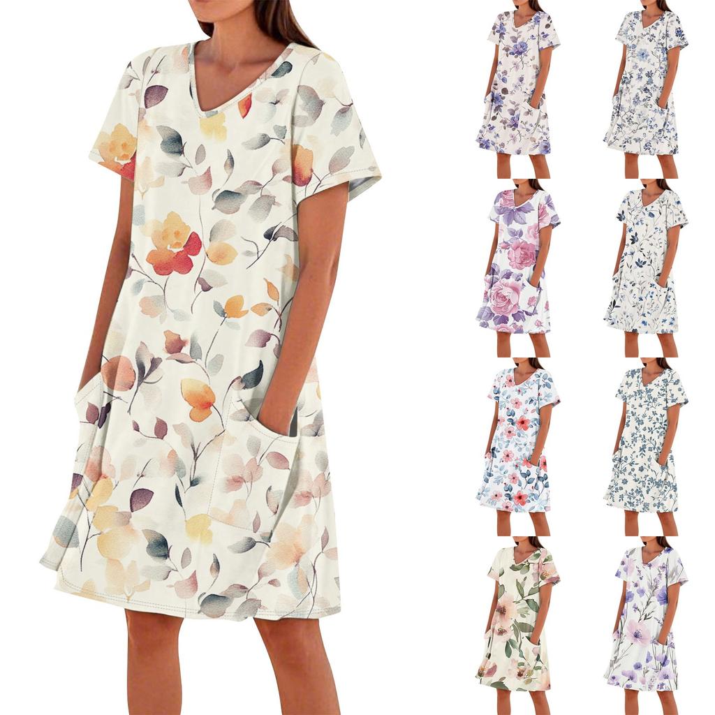 Women's Summer Fashion Casual V-Neck Floral Print Short Sleeve Pocket Dress