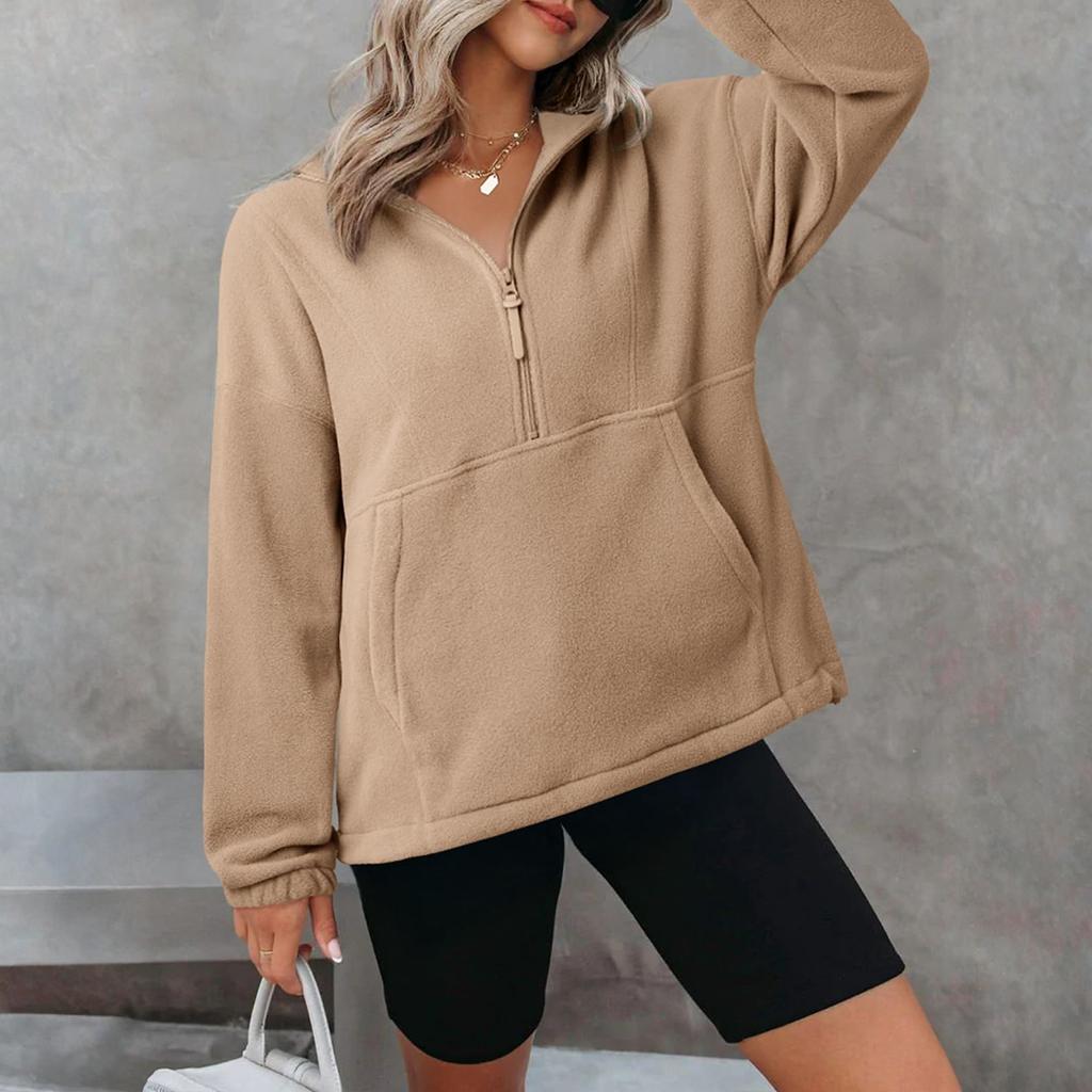 Женский флисовый спортивный пуловер на молнии до середины, модный свободный с длинными рукавами в уличном стиле