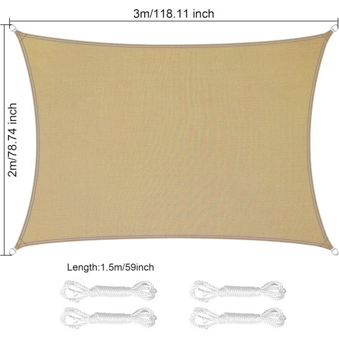 Voile d'ombrage rectangulaire 2×3 m en polyester - Imperméable et anti-UV, coloris sable