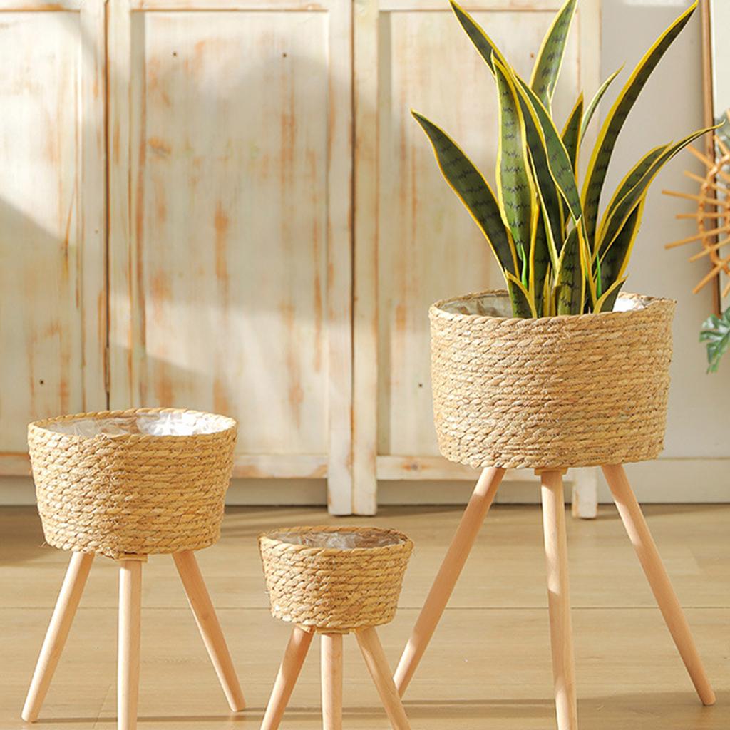 Соломенные плетеные цветочные горшки, корзина для растений, кашпо для травы с деревянной подставкой, контейнер для хранения в саду, домашний декор