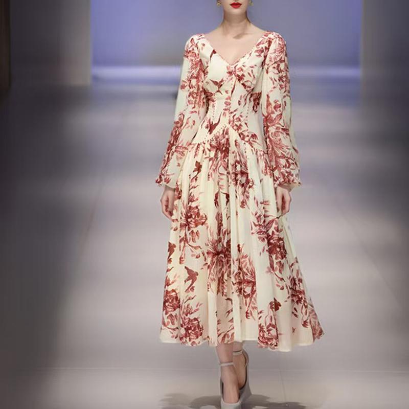 Французское винтажное платье женское весеннее шифоновое длинное платье с V-образным вырезом, расшитое бисером, с принтом и рукавами-фонариками, подол в стиле бохо макси платье