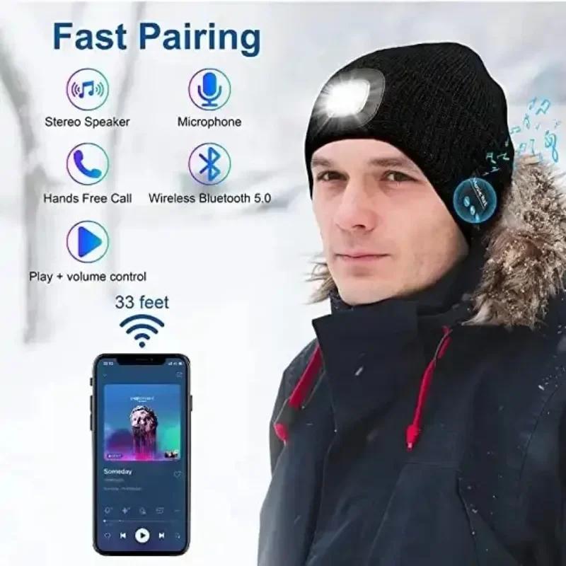 Теплая светодиодная шапка-бини Беспроводная стереогарнитура Bluetooth 5.4 USB-перезаряжаемая Регулировка 3 режима затемнения Светодиодный свет Теплая музыкальная шапка