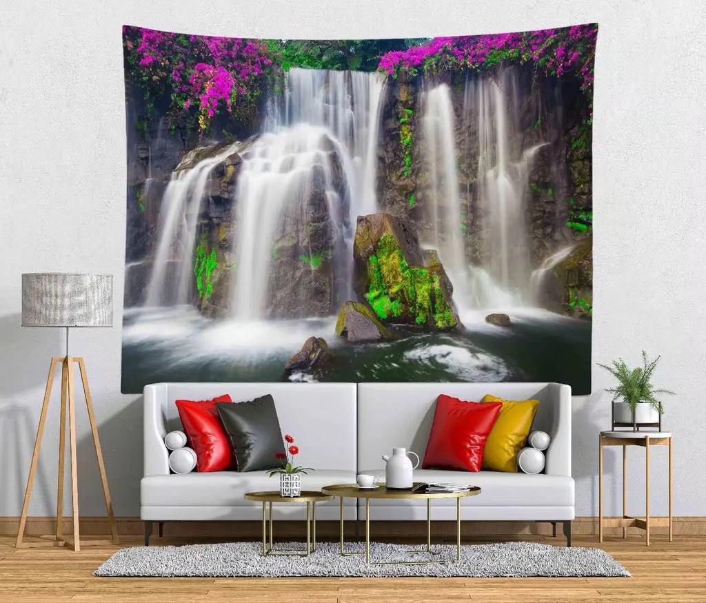 Waterfall Tapestry,Long Way River in Tropic Natural Rainforest Trees and Bushes,Wall Hanging Decor for Bedroom Living Room Dorm