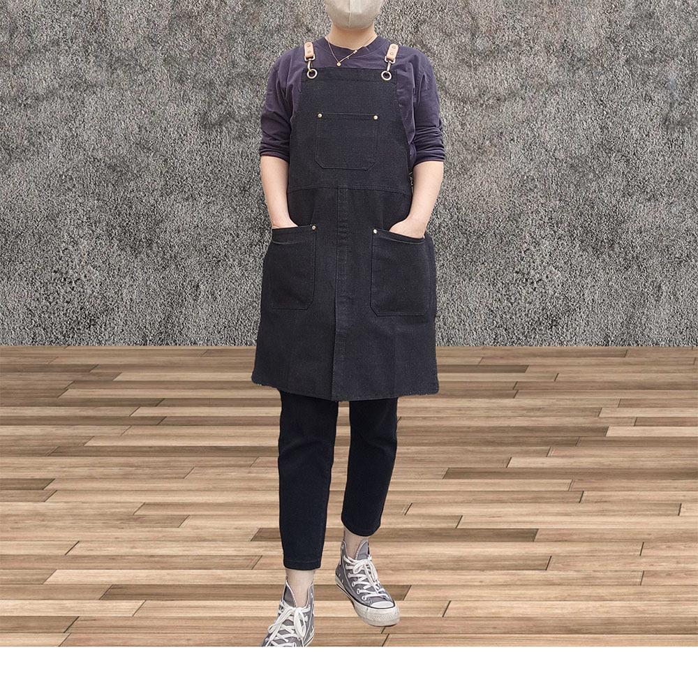 Korean trend black denim split double-layer restaurant milk tea shop cafe waiter work clothes apron